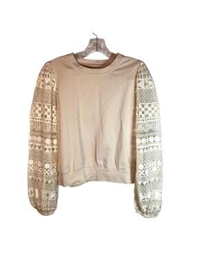 The Odells Lace Sleeve Sweatshirt Women’s Small Beige Cotton Anthropologie Boho